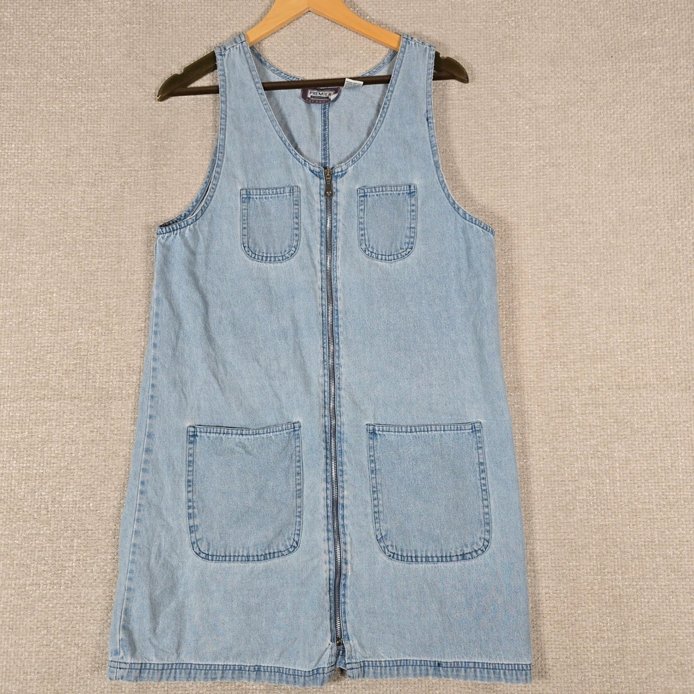 Premier International Womens Vintage 90s Denim Zip Front Jumper Dress Blue‎ L